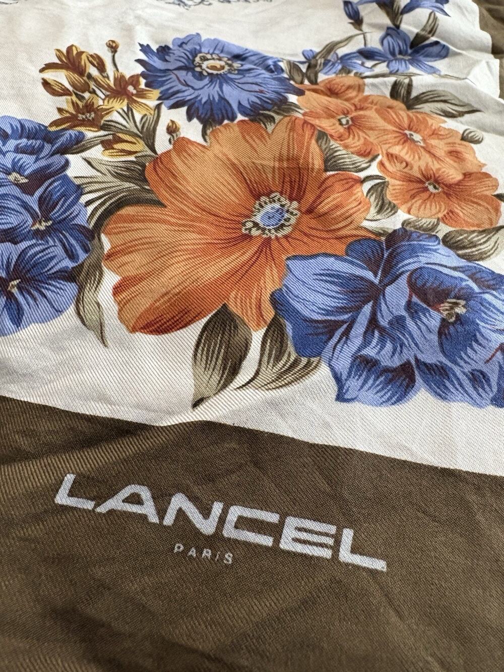 Lancel Paris Silk Square Scarf Floral Print Cream Brown Blue 33”